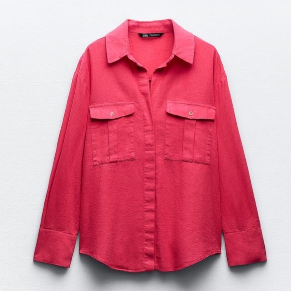 ZARA Pocket Shirt Top Linen Button Down Hot Pink - Picture 1 of 9
